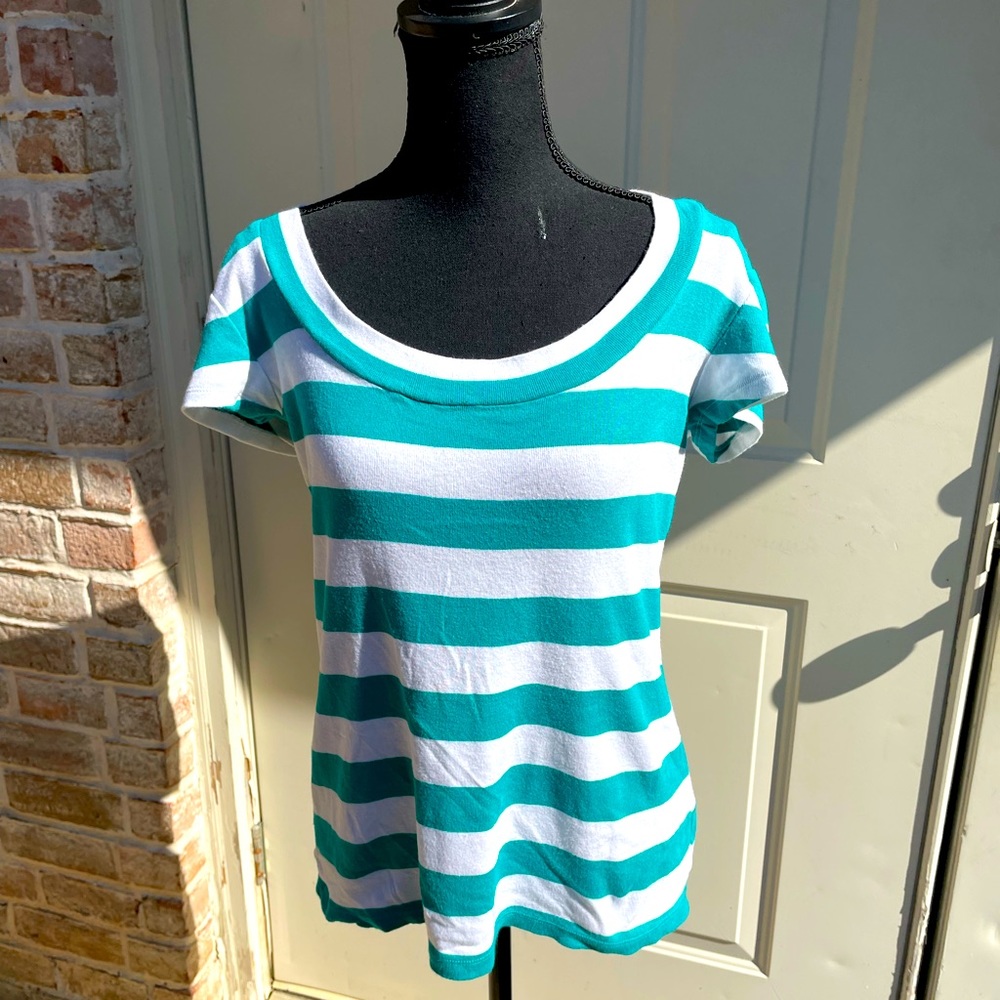 Express, Short Sleeve, Turquoise/White, Striped, Top, Size L